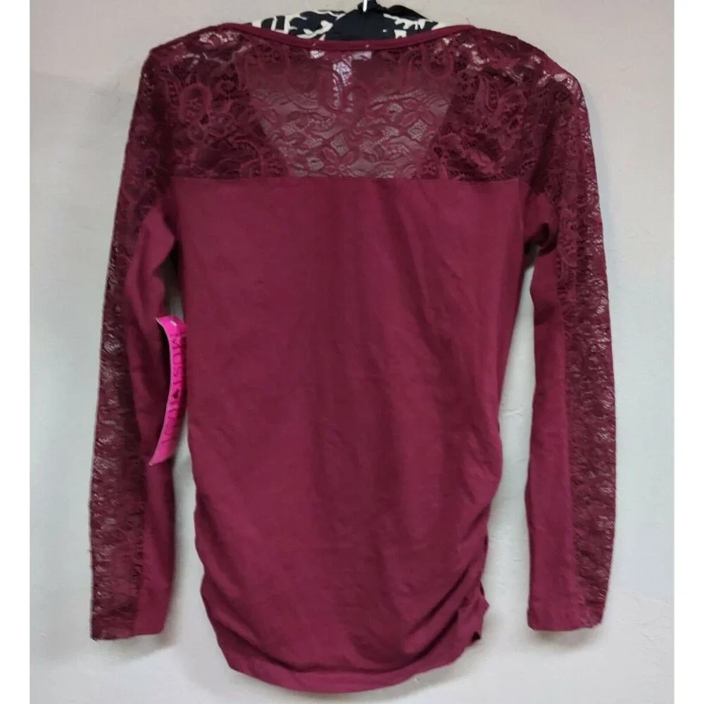 New Ambiance Maternity Top Small V-Neck Ruched Maroon Lace-Detail Long Sleeve